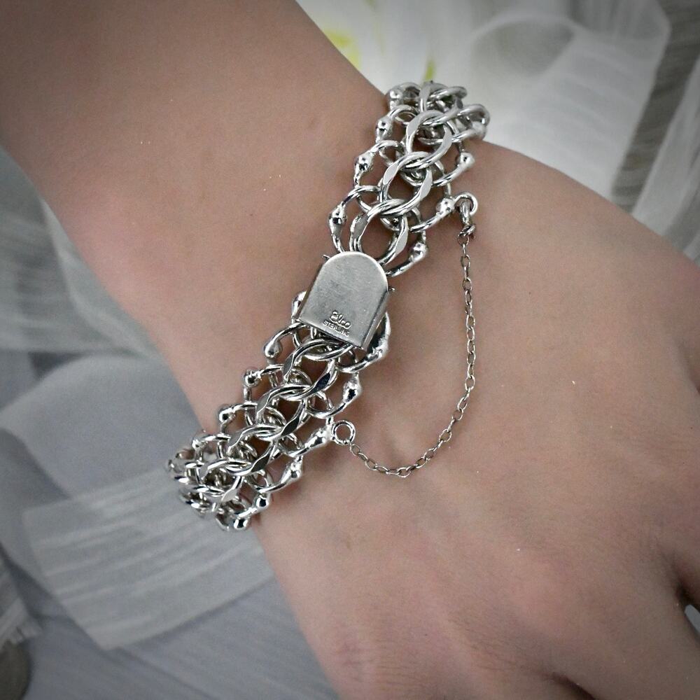 Vintage ELCO Heavy Sterling Silver Double Link Charm Bracelet 38.6g 6.5"